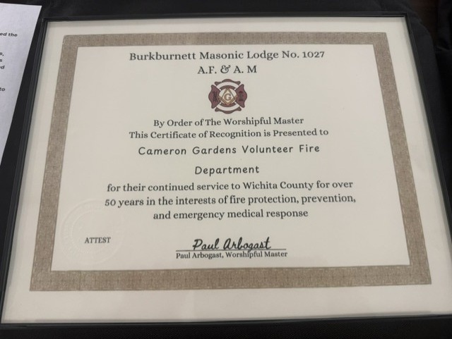 The Lodge's Certificate of Recognition presented to the Cameron Gardens Volunteer Fire Department, signed by Worshipful Master Paul Arbogast